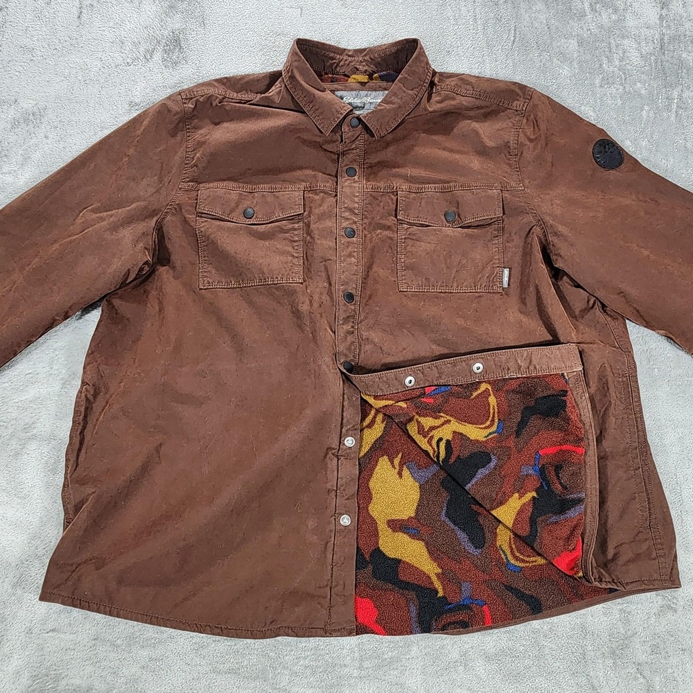 Eddie Bauer Jacket Mens 3XL Brown Canvas Camo Fleece Lined Snap Outdoor Shacket